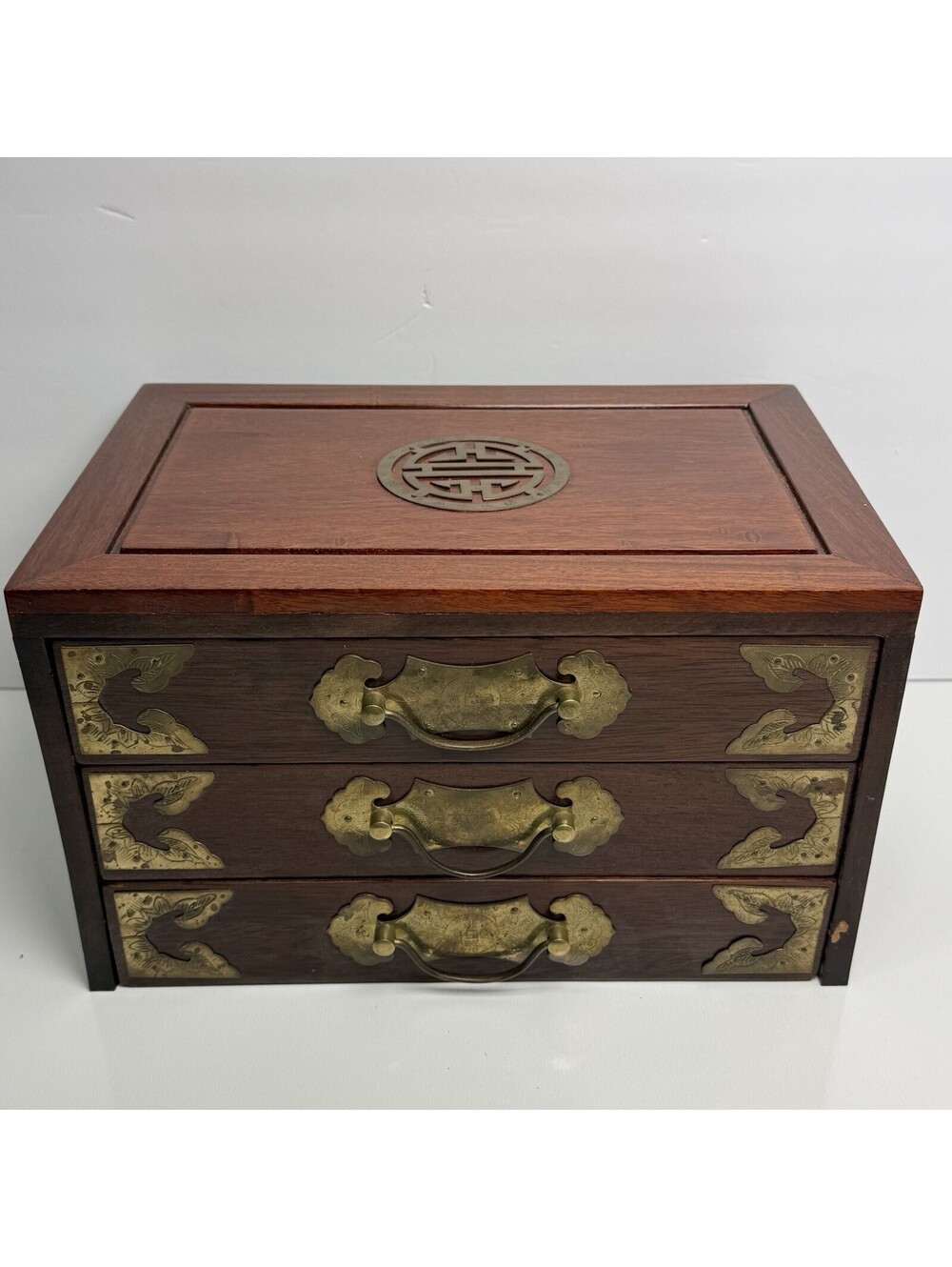 Vintage Asian Japanese Style Jewelry Box  Antique Chest  Drawer Brass red Velvet